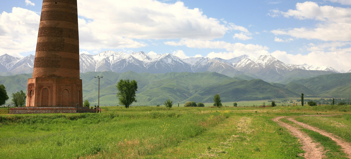 Страна Киргизия вид на горы и башню Бурана